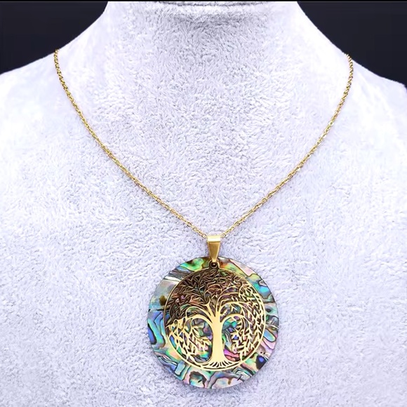 Tree of Life-Stainless Steel Natural Abalone Shell Necklace (Gold Color) - Picture 8 of 9